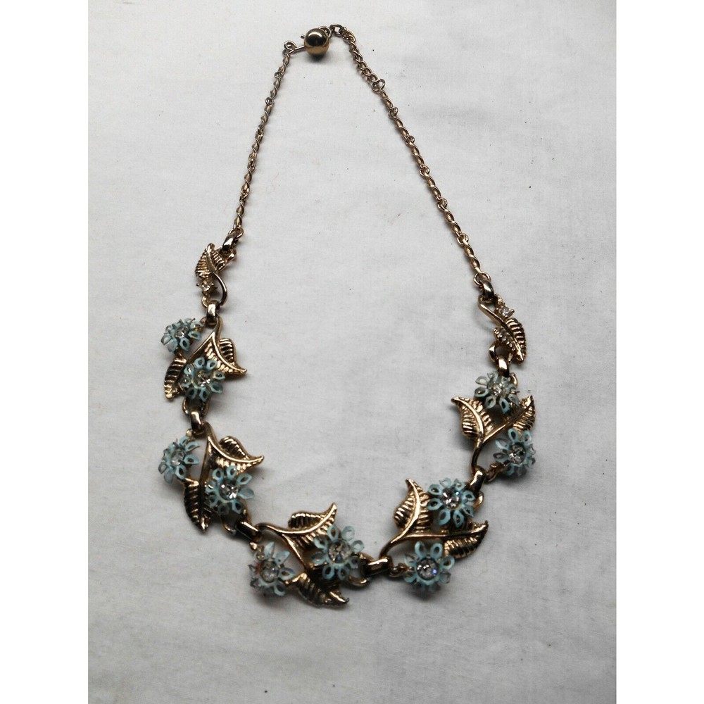 Vintage 1950’s Gold-tone Necklace Blue Enamel Flowers Rhinestone